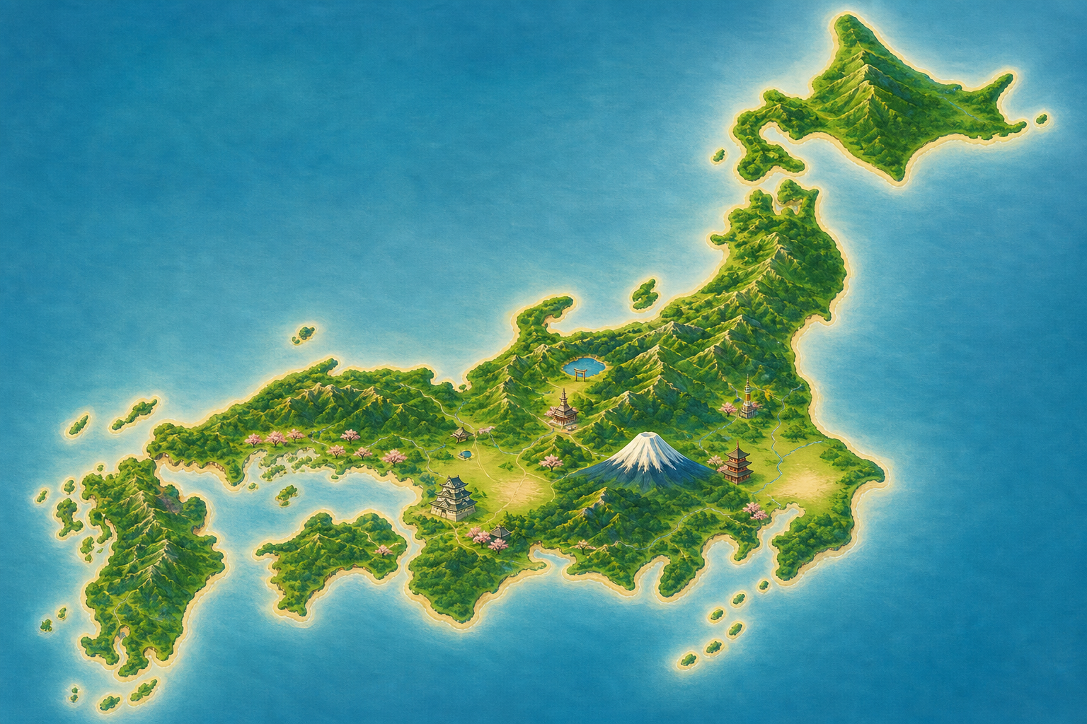 Illustrated pictorial map of Japan showing mountains, coastlines, and landmarks